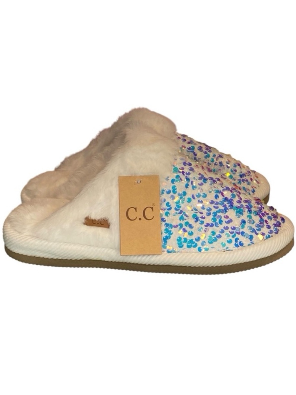 CC Sequin Slippers White Womens Size 8-10 M-L NWT New Slides Shoes Faux Fur